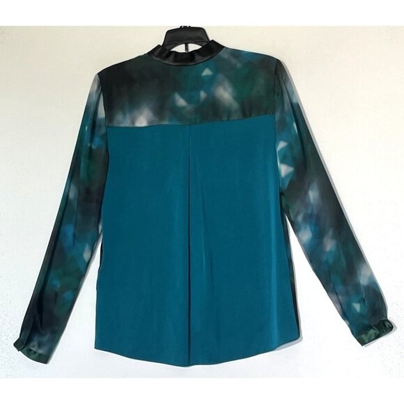 ELIE TAHARI Chelsea Turquoise Black 100% Silk Lamb Leather Shirt Blouse - Picture 4 of 11